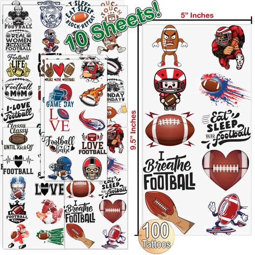 Football Temporary Tattoos | 100 Game Day Temporary Tattoos | Football Party Tattoos | Big Game Party Props | Football Party Decorations | Football Characters, Slogans and More Party Tattoos | BASHOUT