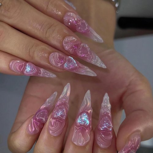 BABALAL Long Stiletto Press on Nails Purple Pink Fake Nails Aurora Heart Glue on Nails 3D Wave Design Acrylic Nails 24Pcs Bling Stiletto False Nails