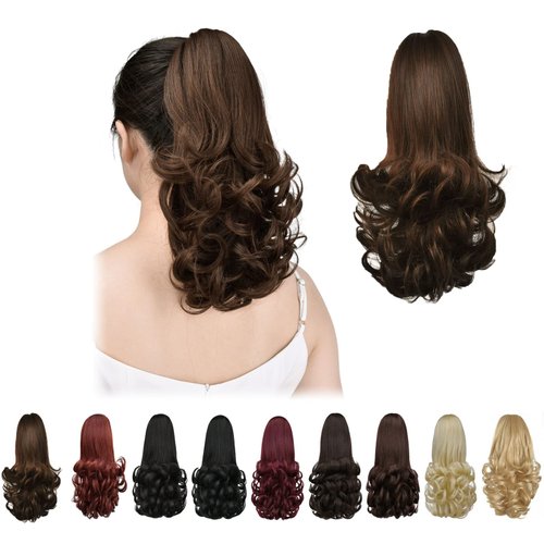 HSPCYGG Brown Ponytail Extensions Fake Claw Clip Ponytails Synthetic Hair Extension 12&quot; Wavy 3.8 ...