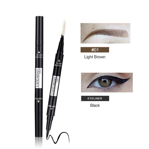 Vtrem 2 in 1 Microblade Eyebrow Pen + Eyeliner Latest Fork-tips Tattoo Eye Brow Pencil with Black Liquid Eyeliner Double-headed Waterproof Stay All Day Eyebrow Pencils and Eye Liner (#01 Light Brown)