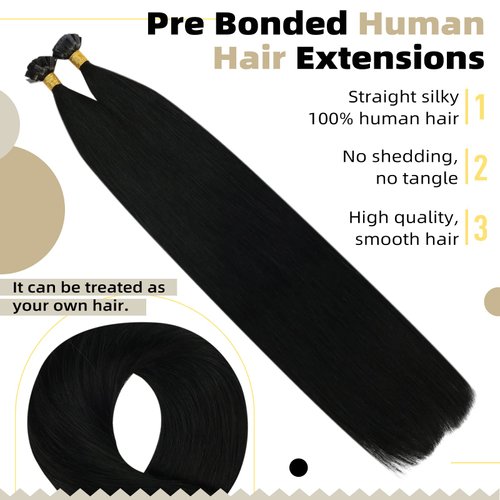 Ugeat 18 Inch Pre Bonded Flat Tip Hair Extensions #1 Jet Black Flat Tip Real Human Hair Extensions 50 Grams Fusion Hair Extensions Human Hair for Black Women 50s