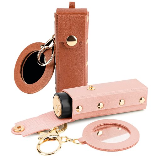 Adorila 2 Pack Lipstick Organizer Keychain, Leather Lipstick Case with Mirror for Women, Portable Lip Gloss Bag Lip Balm Holder for Travel (Brown & Pink)