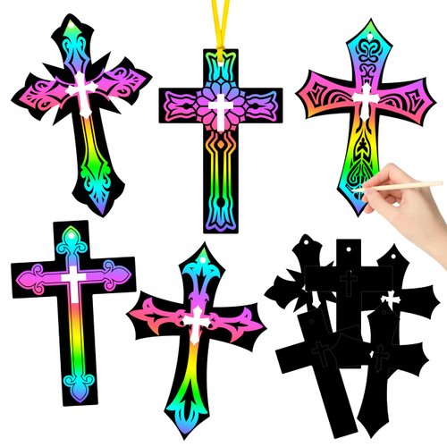 BeYumi 90Pcs Scratch Cross Ornaments DIY Magic Rainbow Color Scratch Cards Paper Art Party Favors Sunday School Classroom Decor Supplies Crafts Kit Religious Christian Birthday Gifts for Kids