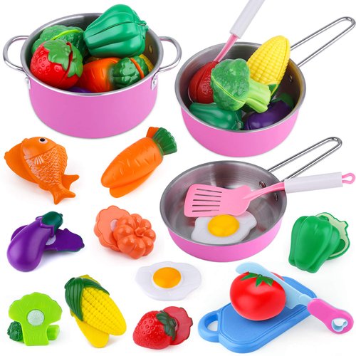 INNOCHEER Play Food for Kids Kitchen Cooking Playing Set, 26 PCS Kids Kitchen playset Accessories with Chef Hat Apron Dress Up, Toddler Cooking Chef Costume Set for 3 4 5 6 Year Old Girls Boys
