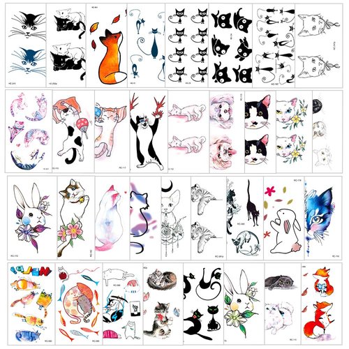 PHOGARY 90 Pieces 34 Sheets Cat Pets Theme Temporary Tattoos Kitty/Dog/Fox/Rabbit Patterned Body ...