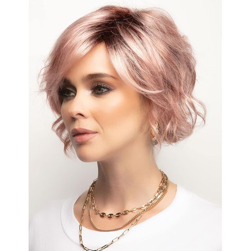 TISHINING Short Ombre Pink Wavy Bob Wigs for White Women Chin Length Pink Curly Bob Wig with Bangs Heat Synthetic Natural Looking Daily Cosplay Wig