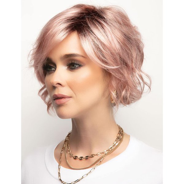 TISHINING Short Ombre Pink Wavy Bob Wigs for White Women Chin Length Pink Curly Bob Wig with Bangs Heat Synthetic Natural Looking Daily Cosplay Wig