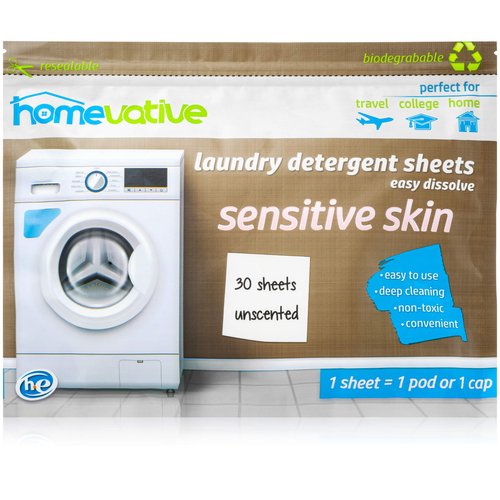 Homevative Laundry Detergent Sheets, 30 Sheets, Up to 60 Loads, Easy Dissolve, Unscented, Eco package, HE Compatible, Septic friendly, Great for travel, college, laundromat and at home