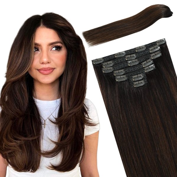 FUBILI Clip in Hair Extensions Ombre Remy Hair Extensions Clip in Human Hair Dark Brown to Chestnut Brown Double Weft Balayage Real Human Hair Full Head Silky Straight 18 Inch 7pcs 120g