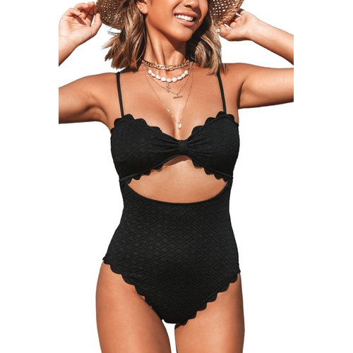 CUPSHE Women's One Piece Swimsuit Sexy Black Cutout Scallop Trim Bathing Suit, L