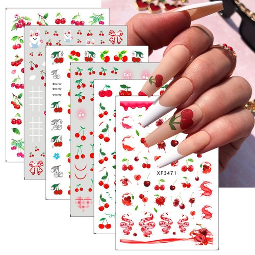 6 Sheets Fruit Nail Art Stickers Decals 3D Self-Adhesive Cherry Nail Sticker Christmas Nail Art Design Nail Decals Cute Rabbits Nail Supplies Nail Decoration for Women Acrylic Nails Accessories