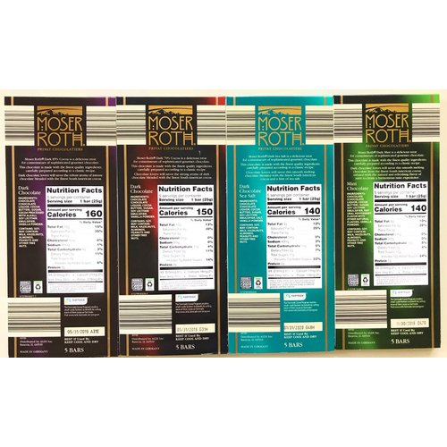 German Dark Chocolate Bundle of 4 Varieties. Moser Roth 85% Cocoa, 70% Cocoa, Dark Sea Salt and Dark Mint. Low Sugar Gourmet Candy Bars. Good for the Waist Line and Chocolate Lovers. From Germany!