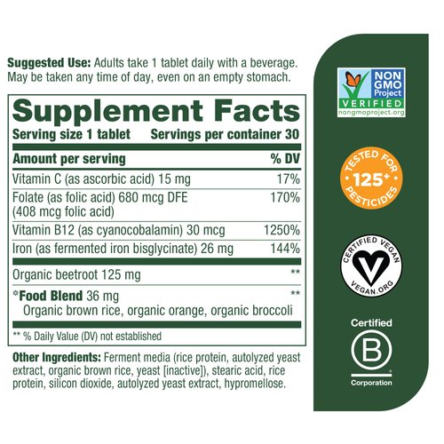 MegaFood Blood Builder - Iron Supplement Clinically Shown to Increase Iron Levels Without Side Effects - Iron Supplement for Women with Vitamin C, Vitamin B12 and Folic Acid - Vegan - 30 Tabs