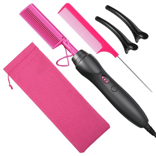 Hot Comb Hair Straightener Heat Pressing Combs - Ceramic Electric Hair Straightening Comb, Curling Iron for Natural Black Hair Beard Wigs Holiday Gift - Pink 3 In1