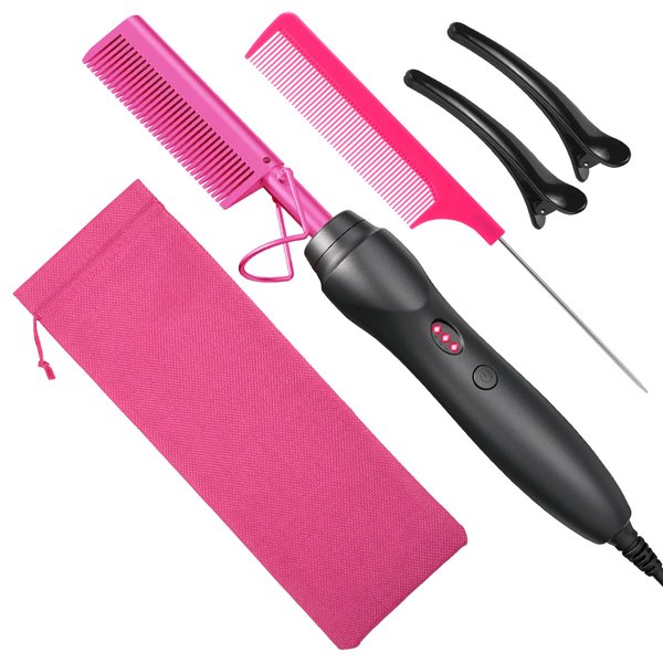 Hot Comb Hair Straightener Heat Pressing Combs - Ceramic Electric Hair Straightening Comb, Curling Iron for Natural Black Hair Beard Wigs Holiday Gift - Pink 3 In1