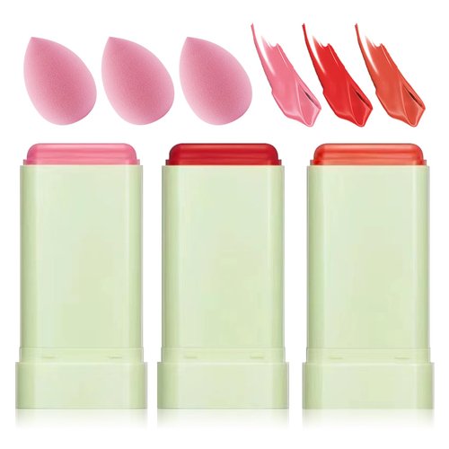 3PCS Blush Stick for Cheeks,Multi-use Solid Matte Makeup Stick Blush Cream for Cheek Eyes and Lips Tint,Moisturizing Tinted Cream Blush,Natural Blendable Cheek Blusher with 3 Makeup Sponges