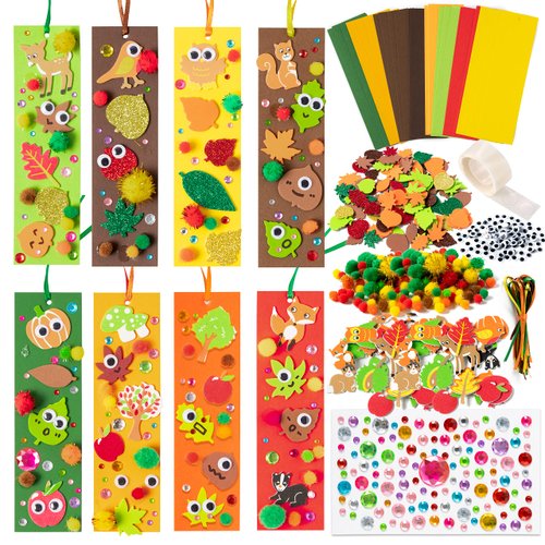 X1zuue 32 Sets Fall DIY Bookmarks Craft Kit AutumnBlank Bookmark with Maple Leaf Wiggle Eyes Foam Stickers Pom-pom Art Reading Rewards Gift Fall Thanksgiving Party Decorations Favors Supplies for Kids