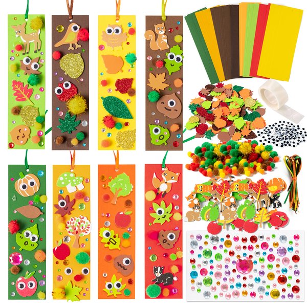 X1zuue 32 Sets Fall DIY Bookmarks Craft Kit AutumnBlank Bookmark with Maple Leaf Wiggle Eyes Foam Stickers Pom-pom Art Reading Rewards Gift Fall Thanksgiving Party Decorations Favors Supplies for Kids