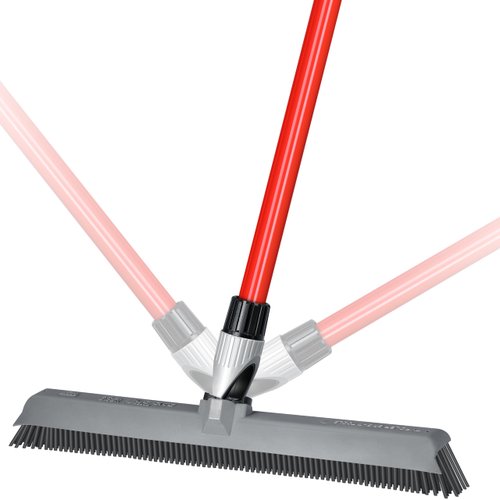 2-in-1 Silicone Rubber Broom Carpet Rake and Squeegee - Swivel Pet Hair Removal Broom with Long Handle - Slanted Side Bristles for Corners - Multipurpose Rubber Broom for Carpet, Hardwood Floor, Tile