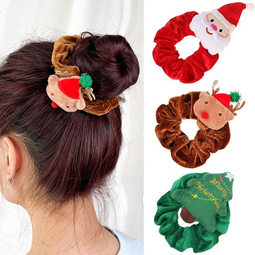 Christmas Hair Ties Hair Scrunchies for Women Christmas Tree Hair Elastic Santa Claus Hair Tie Reindeer Scrunchy Green Red Brown Comfortable Ponytail Holder Xmas Hair Accessories for Long Hair 3Pcs