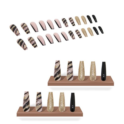 Press on Nails Long Glossy Artificial Coffin Fake Nails with Black Gold Foil Designs Full Cover Reusable False Nails Black French Tips Acrylic Stick on Nails for Women DIY Manicure Tips Decorations