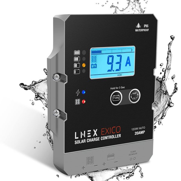 LNEX Solar Charge Controller Waterproof, 20A Super Thin Solar Panel Battery Intelligent Regulator with LCD Display 12V/24V PWM Solar Controller for LiFePO4,AGM, Gel, Flooded and Lithium Battery