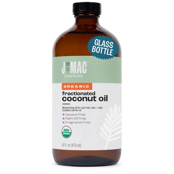 J MAC BOTANICALS Organic Fractionated Coconut Oil (16 Ounce Glass Bottle) Organic Carrier Oil and for DIluting Essential Oils, Moisturizer, Hair Care