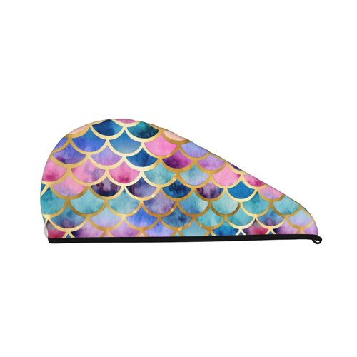 Fiephvsa Unisex Mermaid Scale Colorful Hair Drying Towels Coral Velvet Head Towel Cap Soft Hair Wrap with Button 1pcs for Home Travel