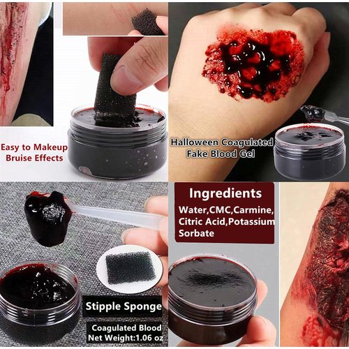 Go Ho Halloween Fake Blood Gel,Coagulated Blood Gel (1.06 oz) with Stipple Sponge,Dark Blood Gel for Bruise or Wound,Cuts,Vampire Zombie SFX Makeup, Cosplay Stage,Horror Film Halloween Blood Makeup