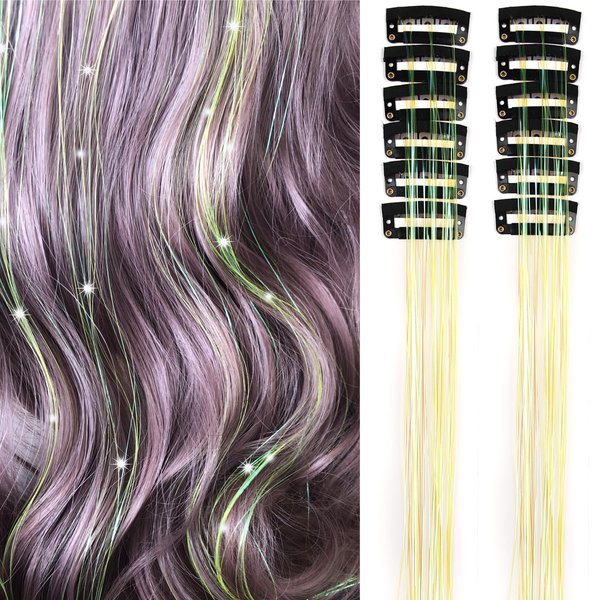 Yellow Clip in Hair Tinsel Pack of 12 Pcs 24 Inch Glitter Heat Resistant Sparkle Fairy Hair Extensions Accessories Strands Kit(24Inch 12Pcs,Yellow)