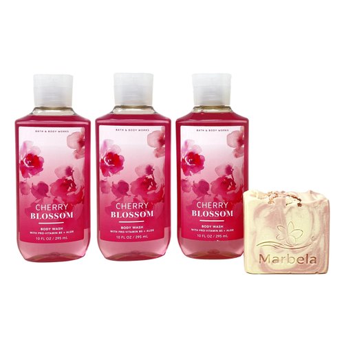 Bath & Body Works Cherry Blossom 3 Pack Body Wash Bundle with a Himalayan Salts Springs Bar Soap - Full Size