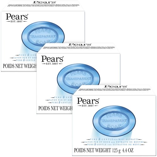 PEARS Soap, Face & Body Soap, Mint Extract – Pure & Gentle Bar Soap, Transparent Moisturizing Glycerin Soap for Cool & Refreshed Skin, Blue Soap Bars, 4.4 Oz (Pack of 3)