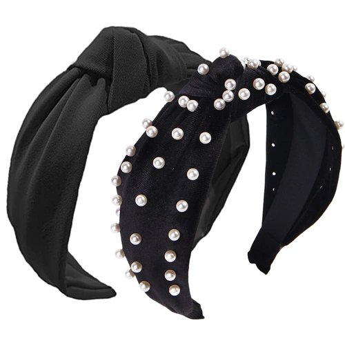 Etercycle 2PCS Headbands for Women, Bow Knotted Wide Headband, Yoga Hair Band Fashion Elastic Hair Accessories for Women (Black, Black pearl)