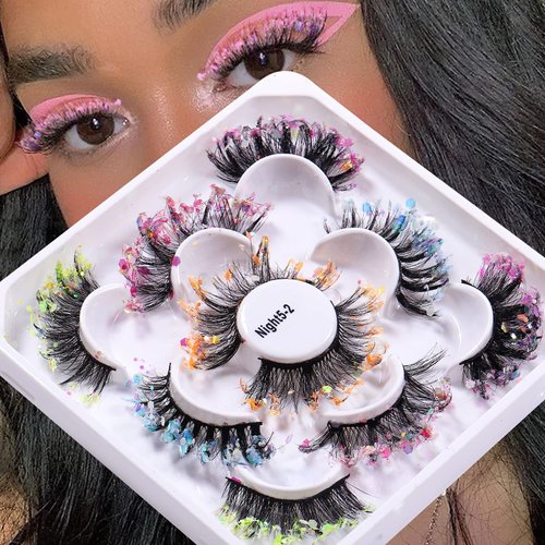outopen Glitter Night Luminous False Eyelashes 8D Wispy Faux Mink Lashes Colored Eyelashes Dramatic Lashes for Halloween Party Stage Cosplay(5 Pairs Set 2)
