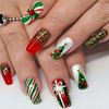 Christmas Press on Nails Medium Coffin Fake Nails Acrylic False Nails with Rhinestones Glitter Design Red Artificial Glue on Nails Green Xmas Tree Stick on Nails for Women 24Pcs