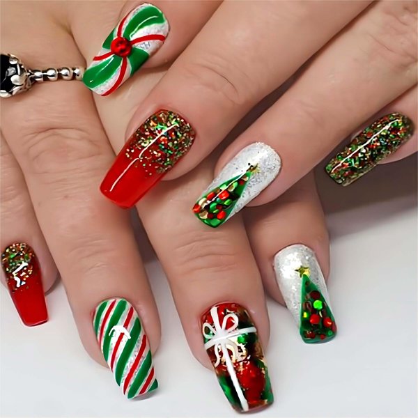 Christmas Press on Nails Medium Coffin Fake Nails Acrylic False Nails with Rhinestones Glitter Design Red Artificial Glue on Nails Green Xmas Tree Stick on Nails for Women 24Pcs