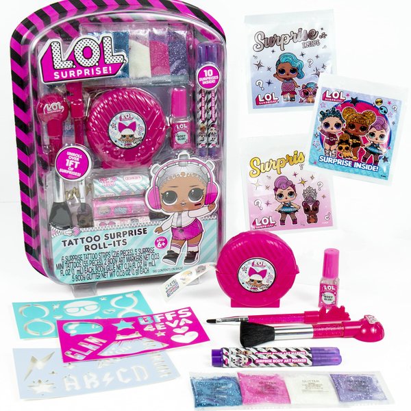 L.O.L. Surprise! Tattoo Roll-Its by Horizon Group USA, LOL Surprise Tattoos for Kids, Unroll Over 1 ft. of Surprises, Includes Temporary Tattoos, Body Art Markers, Stencils, Glitter, Body Gems & More