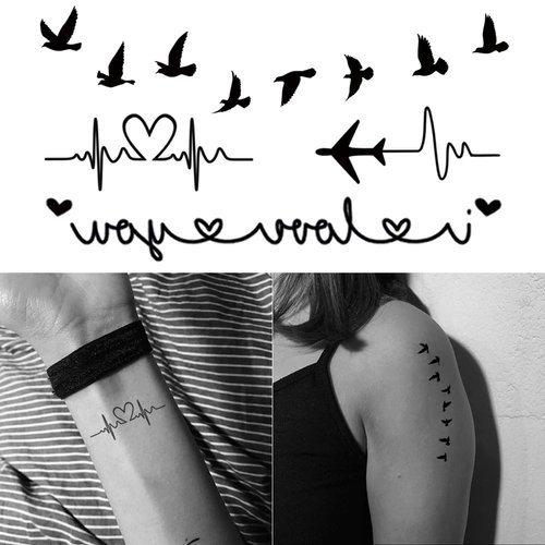 Oottati 2 Sheets Small Tiny Temporary Tattoo Stickers Love you Heartbeat Airplanet Bird