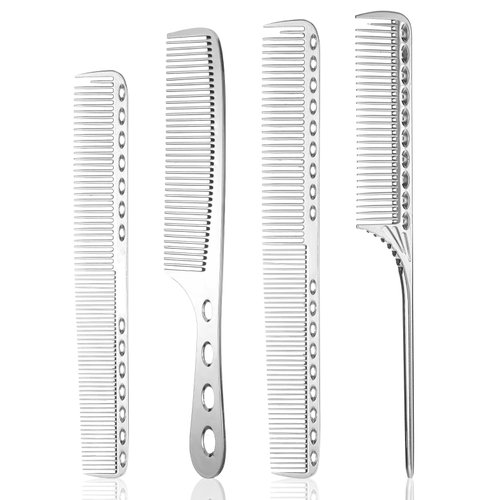 4 Types Metal Combs Professional Aluminum Dressing Comb for Hair Styling,Included Hair Cutting Comb,Metal Rat Tail Comb,Detangling Comb,Handle Comb for Women Men Barber Supplies