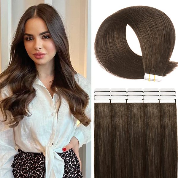 Tape in Hair Extensions Human Hair, 20pcs 18 Inch 50g Remy Tape in Hair Extensions, Chocolate Brown Silky Straight Natural Hair Extensions Tape in Human Hair