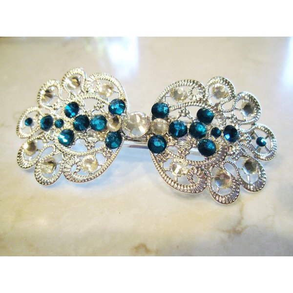 Generic Silver filigree hair clip barrette with blue crystals bridal hair clip