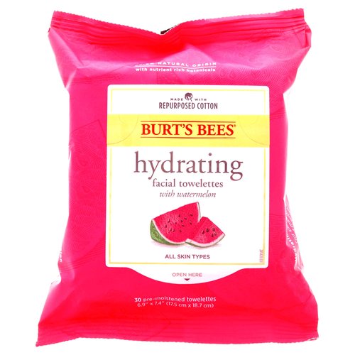 Burts Bees Hydrating Facial Cleanser Towelettes and Makeup Remover Wipes for All Skin Types with Watermelon, Made with Repurposed Cotton, 30 Count
