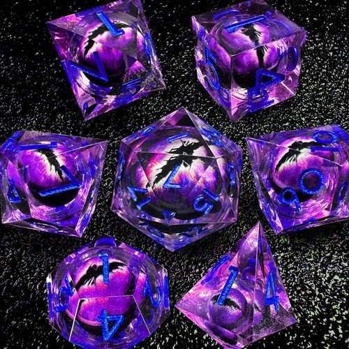 HAOMEJA Resin Dragon Eye DND Dice Set D&D 7 Pcs Resin Sharp Edge Role Playing Dice with Bag, Polyhedral Dungeons and Dragons Dice D20 D12 D10 D100 D8 D6 D4 (Purple & Eye Purple)
