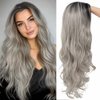 Tseses Curly Ombre Grey Wig for Women Long Wave Black Roots Synthetic Hair Natural Looking Cosplay Daily Party Costume Wig
