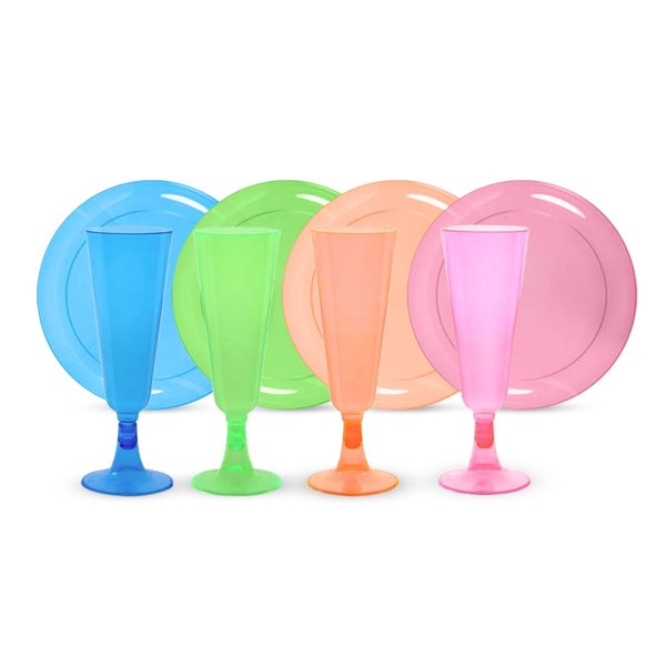 Tiger Chef 136-Piece Fiesta Neon Champagne Flutes Party Pack Includes Hard Plastic Plates, Neon Paper Napkins and Plastic Champagne Glasses in Pink, Blue, Green and Orange Glow Party (Service for 20)