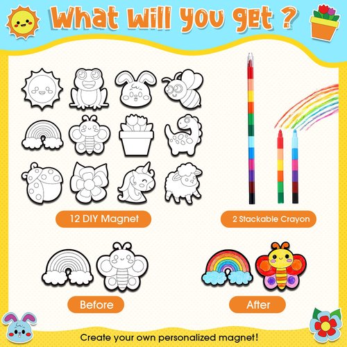 Blosssound 12 Pcs DIY Magnet Sticker Painting Craft Kit Magnetic Art Craft Bulk Toys Paint Your Own Craft Supplies Classroom Prize Birthday Goodie Gifts Bag for Boys Girls 6-10