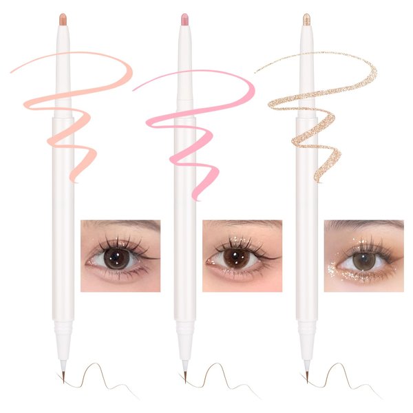 3PC Dual Ended Highlighter Makeup Pen, Glitter & Matte Nude EyeLiner & Eyeshadow, Liquid Contour Liner 2 in 1 Eye Brightener Stick, Mulit-Funtional Long Lasting Lying Silkworm Pencil (#01,#02,#03 )