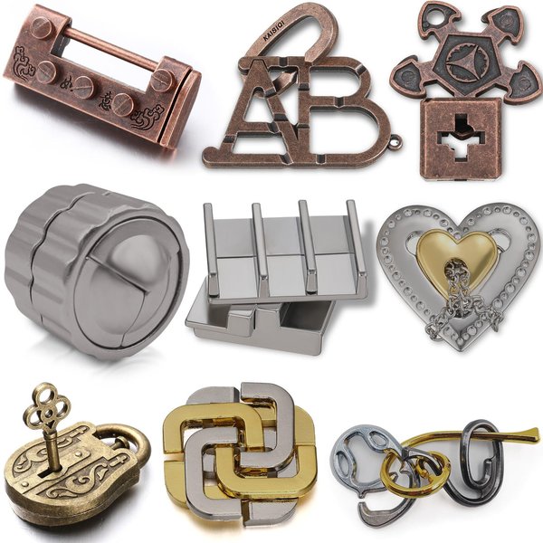 Wettarn 9 Pcs Metal Brain Teaser Puzzles Teaser 3D Steel Puzzle for Adults Unlock Interlocking Puzzle Adult IQ Education Smart Puzzle Toys Gift for Christmas(Novelty Style)
