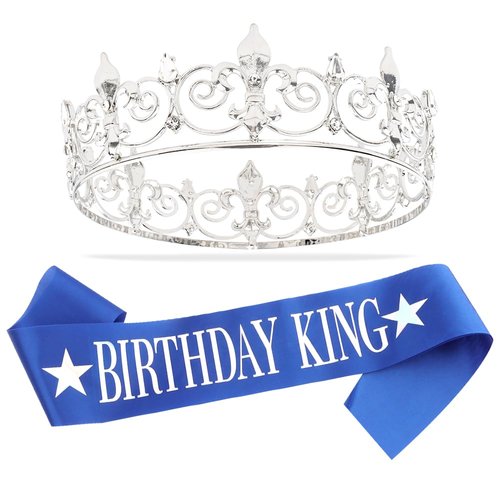 AOPRIE Birthday King Crown and Sash for Men Costume Headwear for Men Birthday Party Decoration Blue Silver, 2 Pack