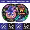 48pcs happy Helloween party decoration，glow in the dark Halloween Plate Napkin party tableware set，Neon Spooky Halloween Birthday Party Decorations (fluorescence Helloween)